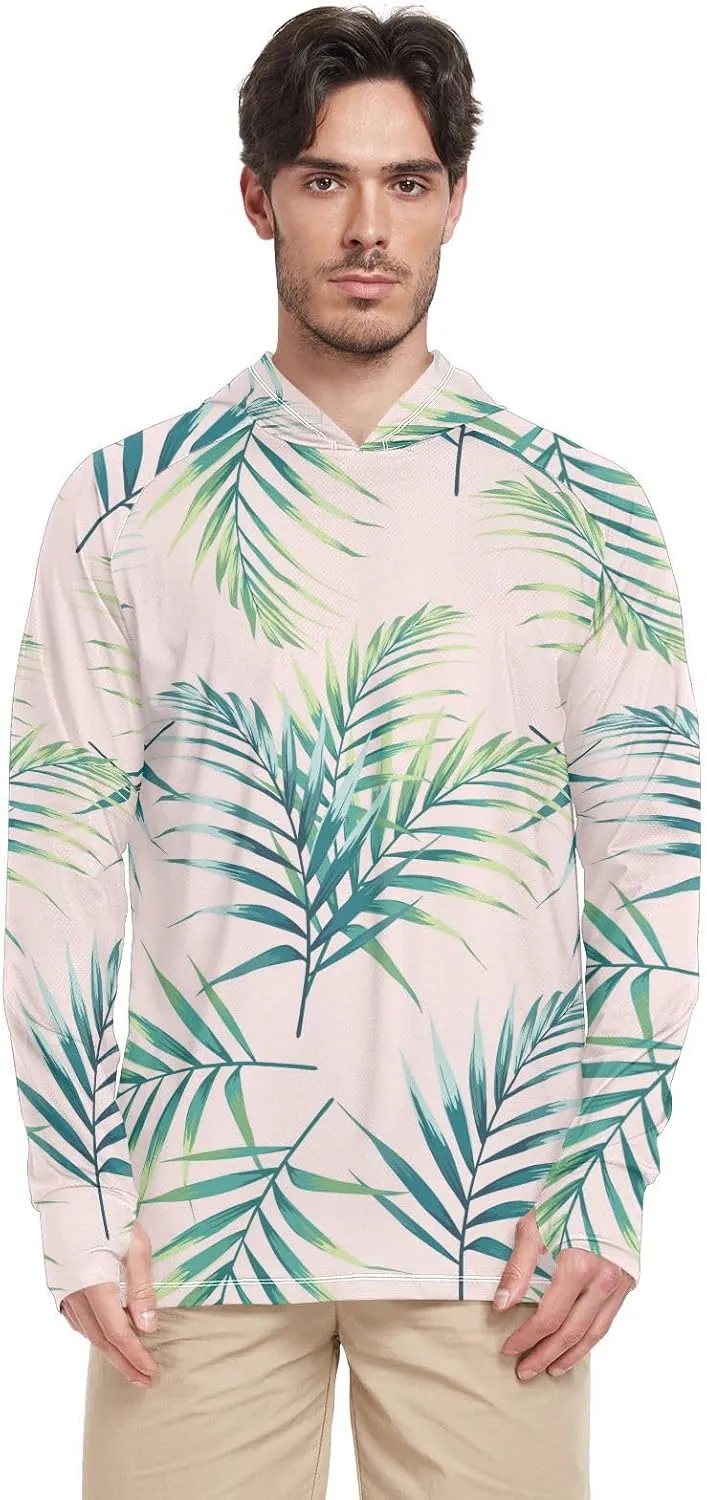 Men's Sun Protection Hoodie Long Sleeve Tropical Leaves Mens Sun Shirts UPF 50 Cooling Hoodies Rash Guard UV Shirts