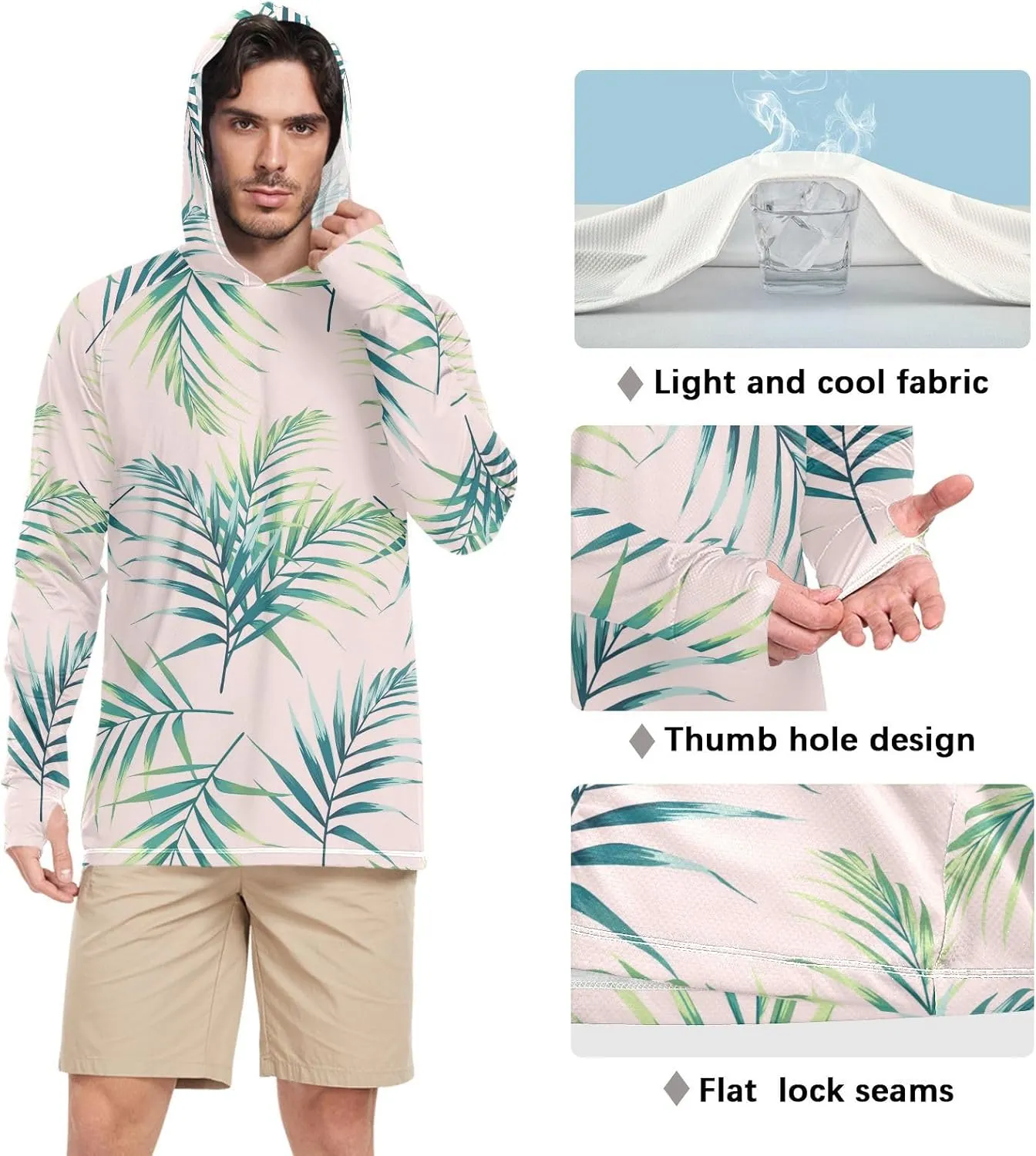 Men's Sun Protection Hoodie Long Sleeve Tropical Leaves Mens Sun Shirts UPF 50 Cooling Hoodies Rash Guard UV Shirts