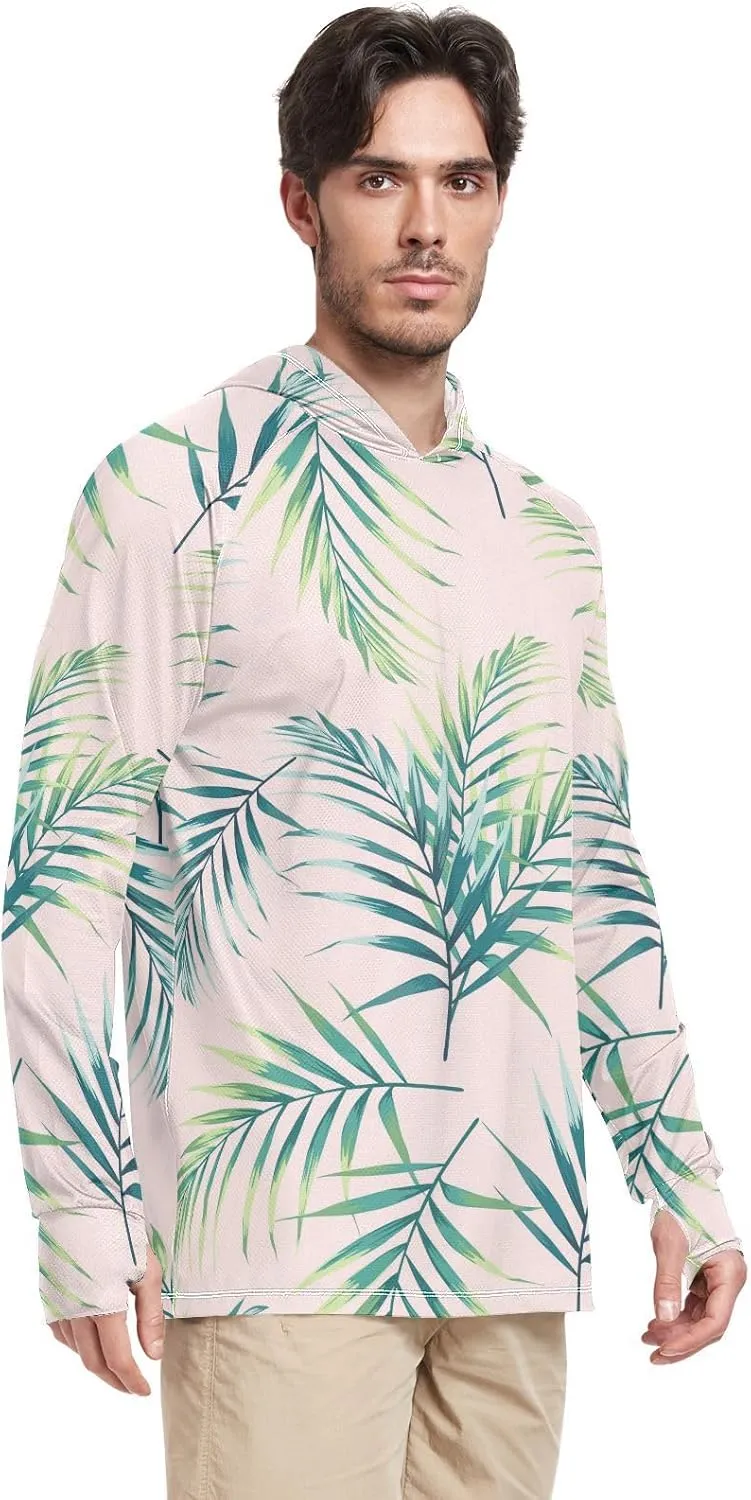 Men's Sun Protection Hoodie Long Sleeve Tropical Leaves Mens Sun Shirts UPF 50 Cooling Hoodies Rash Guard UV Shirts