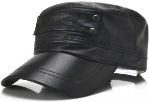 Men's Vintage Leather Military Cap Flat Top Winter Warm Male Cadet Army Caps Solid Color for Cold Weather