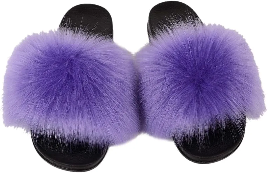 MH Bailment Womens Furry Fluffy Slippers Faux Fur House Slippers Open Toe Fuzzy Slides Soft Flat Slip On Sandals for Indoor Outdoor