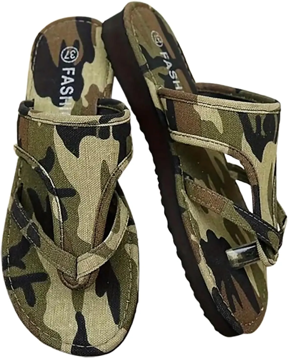 Military Green Camouflage Women's Flat Sandals, Woven Women's Flat Sandals, Summer Beach Walking Thong Cushion Sandals Slip Strappy Flat Open Toe Slide Ring Fabric Flip Flops