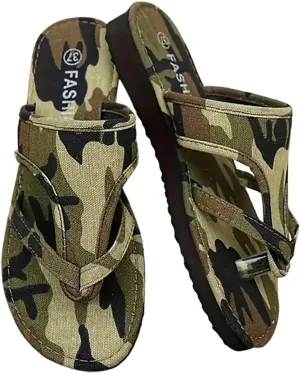 Military Green Camouflage Women's Flat Sandals, Woven Women's Flat Sandals, Summer Beach Walking Thong Cushion Sandals Slip Strappy Flat Open Toe Slide Ring Fabric Flip Flops