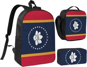 Mississippi State Flag print 3PCS Backpack for Men Women Aesthetic 17 Inches Bookbag with Lunch Box Pencil Bag