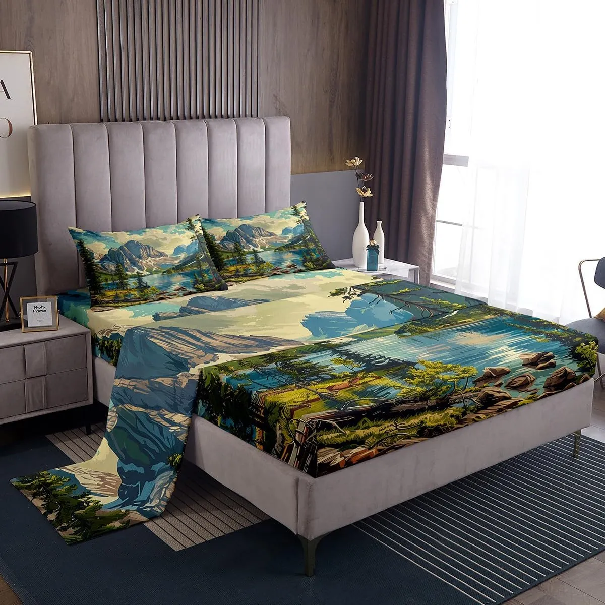 Mountain River Top Flat Sheet Full Size,Camping Bedding Set for Kids Teens Adults Room Decor,Nature Scenery Lake House Bed Sheet Set,Woodland Camping Adventure Deep Pocket Sheet 4Pcs,2 Pillowcases