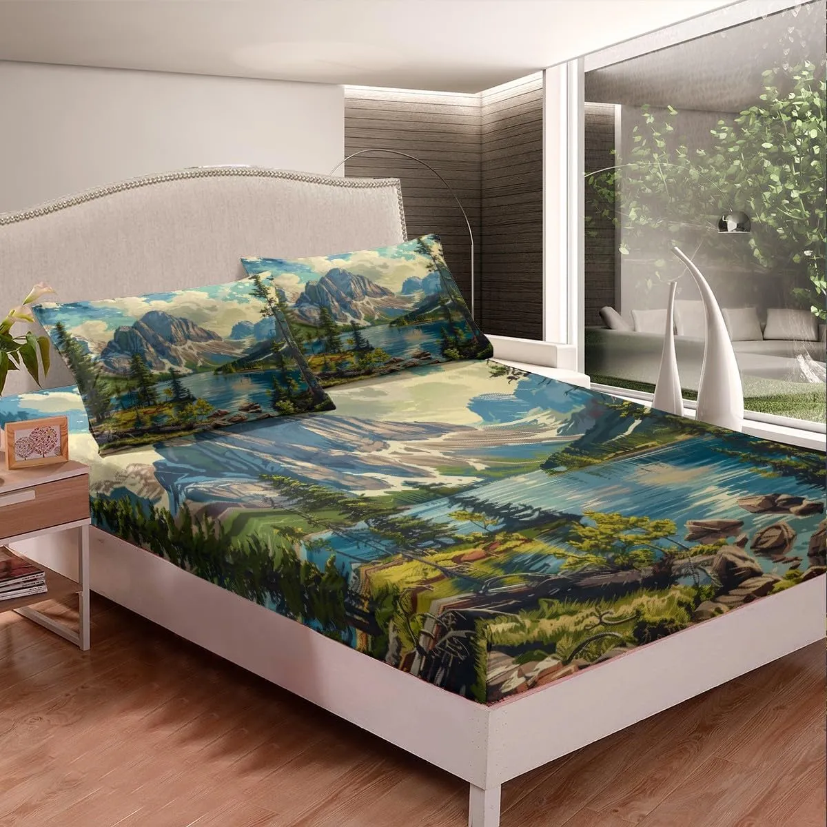 Mountain River Top Flat Sheet Full Size,Camping Bedding Set for Kids Teens Adults Room Decor,Nature Scenery Lake House Bed Sheet Set,Woodland Camping Adventure Deep Pocket Sheet 4Pcs,2 Pillowcases
