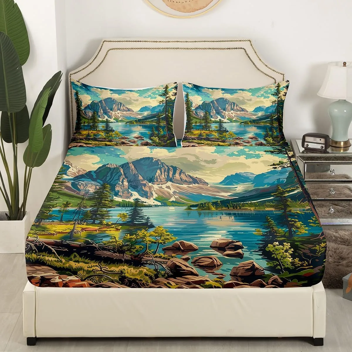 Mountain River Top Flat Sheet Full Size,Camping Bedding Set for Kids Teens Adults Room Decor,Nature Scenery Lake House Bed Sheet Set,Woodland Camping Adventure Deep Pocket Sheet 4Pcs,2 Pillowcases