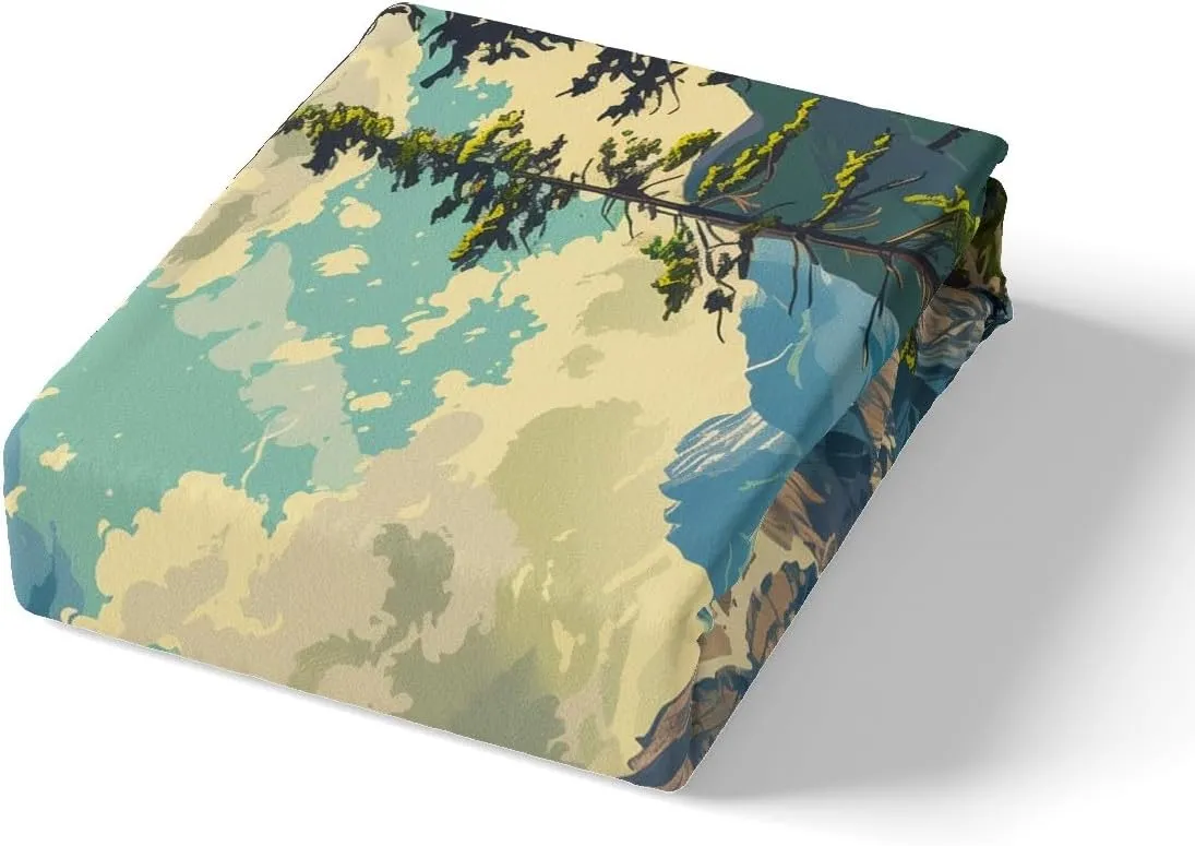 Mountain River Top Flat Sheet Full Size,Camping Bedding Set for Kids Teens Adults Room Decor,Nature Scenery Lake House Bed Sheet Set,Woodland Camping Adventure Deep Pocket Sheet 4Pcs,2 Pillowcases