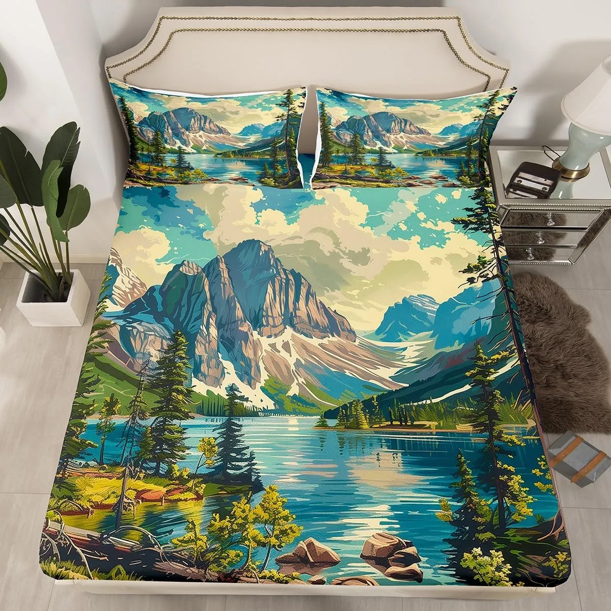 Mountain River Top Flat Sheet Full Size,Camping Bedding Set for Kids Teens Adults Room Decor,Nature Scenery Lake House Bed Sheet Set,Woodland Camping Adventure Deep Pocket Sheet 4Pcs,2 Pillowcases
