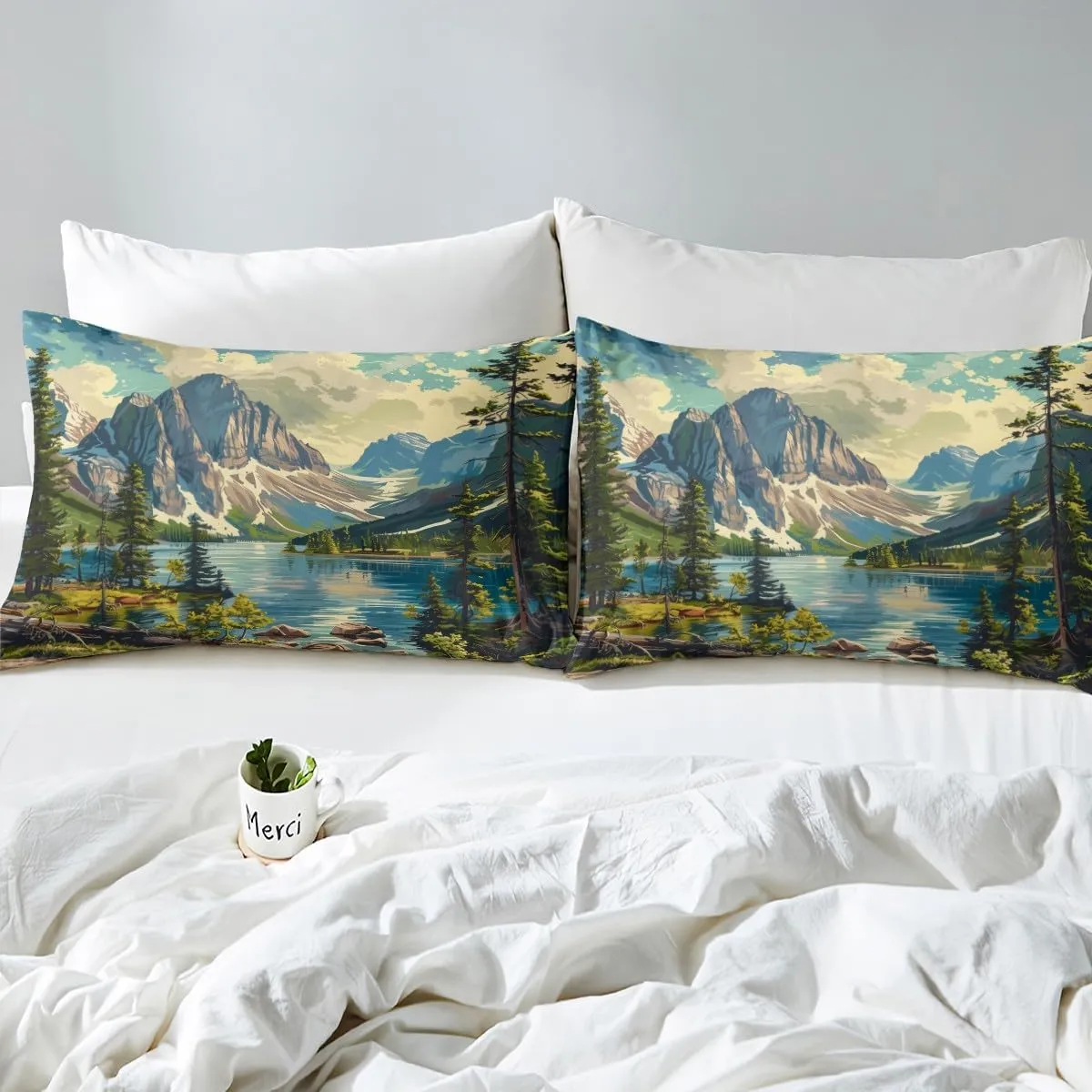 Mountain River Top Flat Sheet Full Size,Camping Bedding Set for Kids Teens Adults Room Decor,Nature Scenery Lake House Bed Sheet Set,Woodland Camping Adventure Deep Pocket Sheet 4Pcs,2 Pillowcases