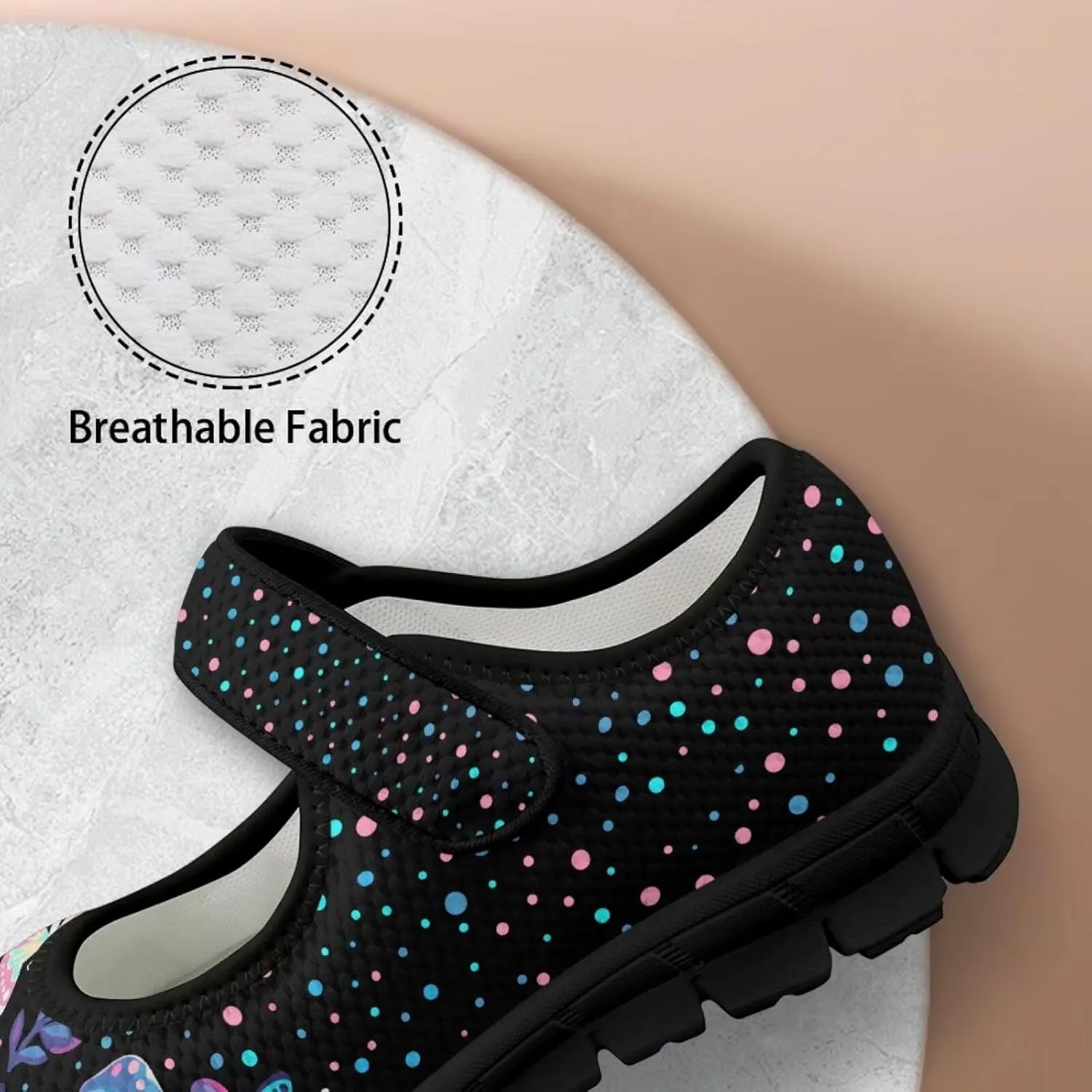 Mushroom Pattern Flat Casual Womens Shoes Breathable Slip On Adjustable Soft Diabetic Shoes for Neuropathy Comfort All Day Wear