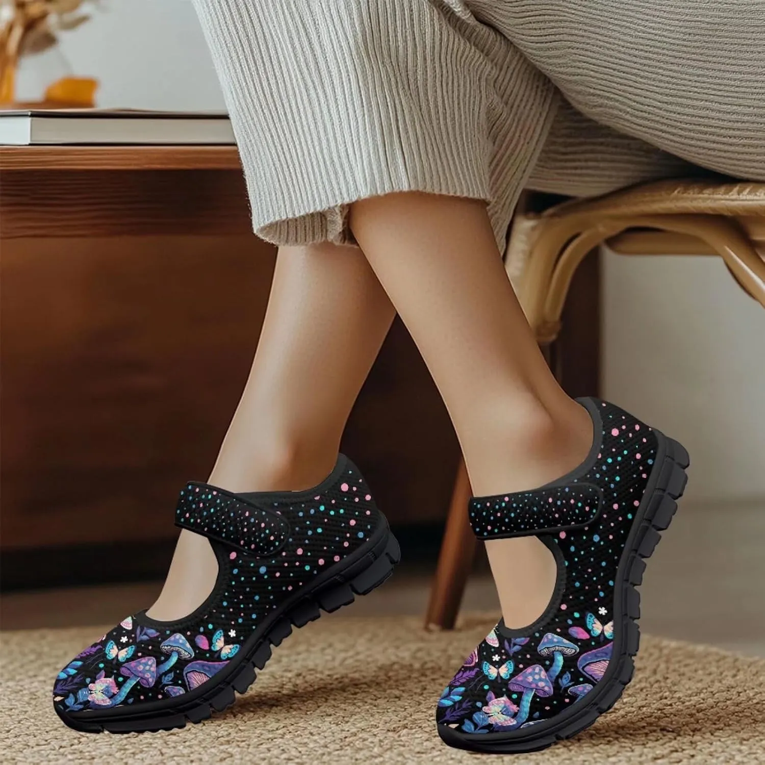 Mushroom Pattern Flat Casual Womens Shoes Breathable Slip On Adjustable Soft Diabetic Shoes for Neuropathy Comfort All Day Wear