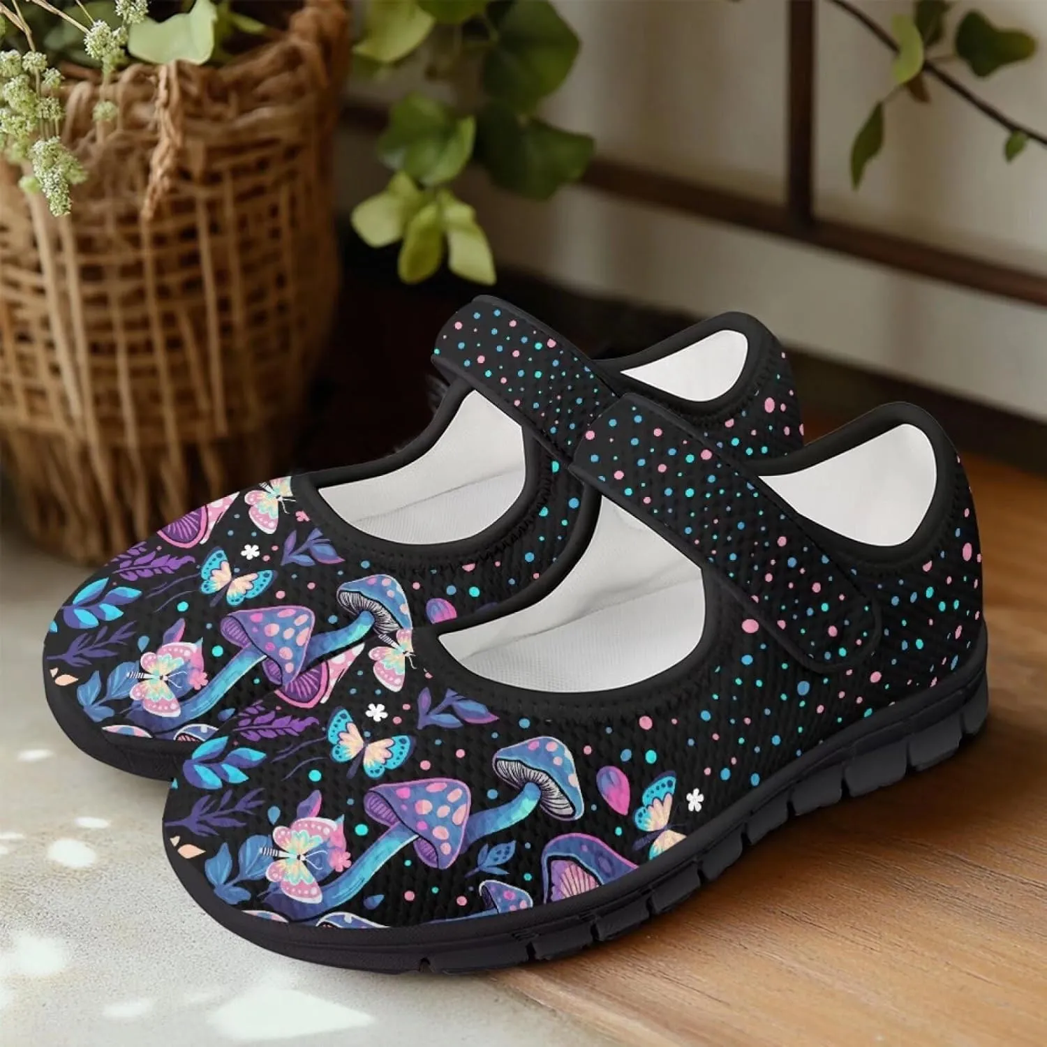 Mushroom Pattern Flat Casual Womens Shoes Breathable Slip On Adjustable Soft Diabetic Shoes for Neuropathy Comfort All Day Wear
