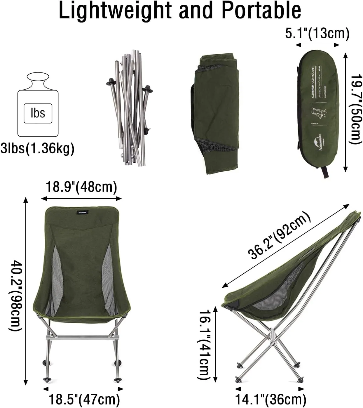 Naturehike Folding Camping Chair, Lightweight High Back Portable Compact Chair, Large Heavy Duty 330lbs for Adults, Hiking Camp Backpacking Festival Travel Beach Picnic Fishing with Storage Bag, Green