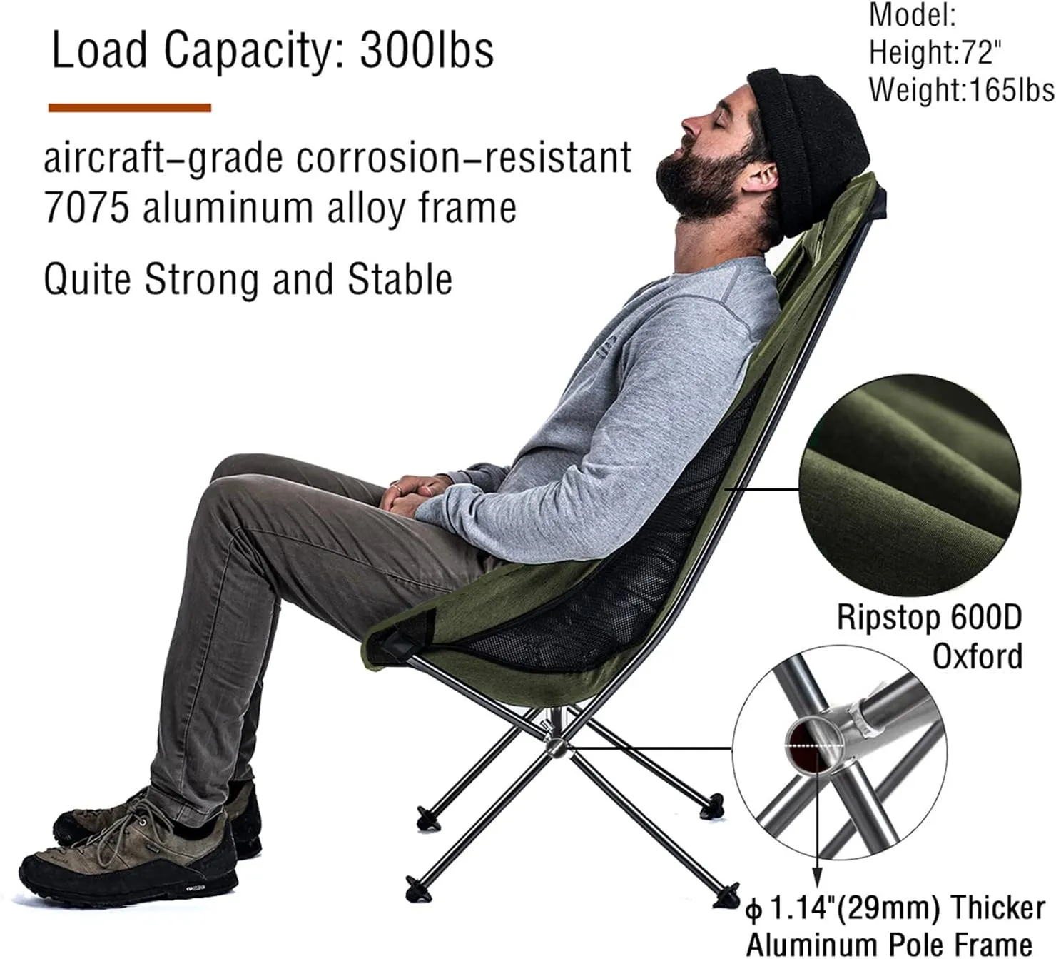 Naturehike Folding Camping Chair, Lightweight High Back Portable Compact Chair, Large Heavy Duty 330lbs for Adults, Hiking Camp Backpacking Festival Travel Beach Picnic Fishing with Storage Bag, Green