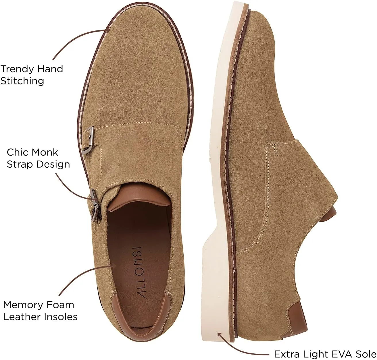 Neil | Genuine Leather Suede Dress Shoes | Luxury Mens Monk Strap Shoes | Handcrafted Trendy Casual Shoes | Lightweight EVA Sole | Plain Toe