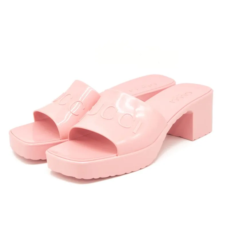 NEW Gucci Rubber Logo Platform Slide Sandal Pink EU 39