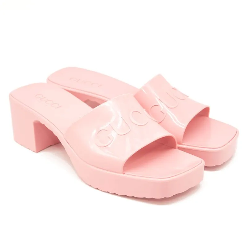 NEW Gucci Rubber Logo Platform Slide Sandal Pink EU 39