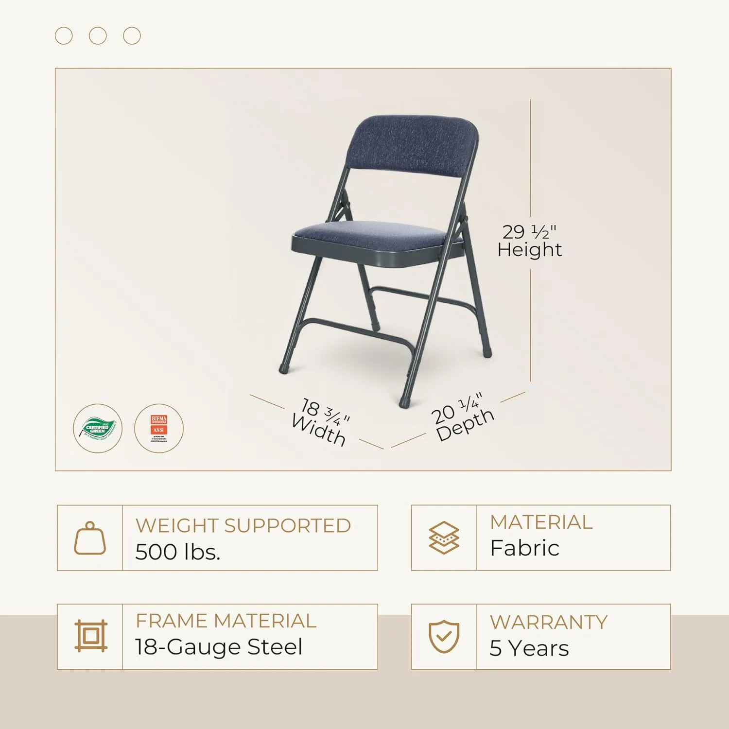 OEF Furnishings Deluxe Fabric Upholstered Folding Chair, Blue/Blue – Reliable Double Hinge Frame with Soft Fabric Padding