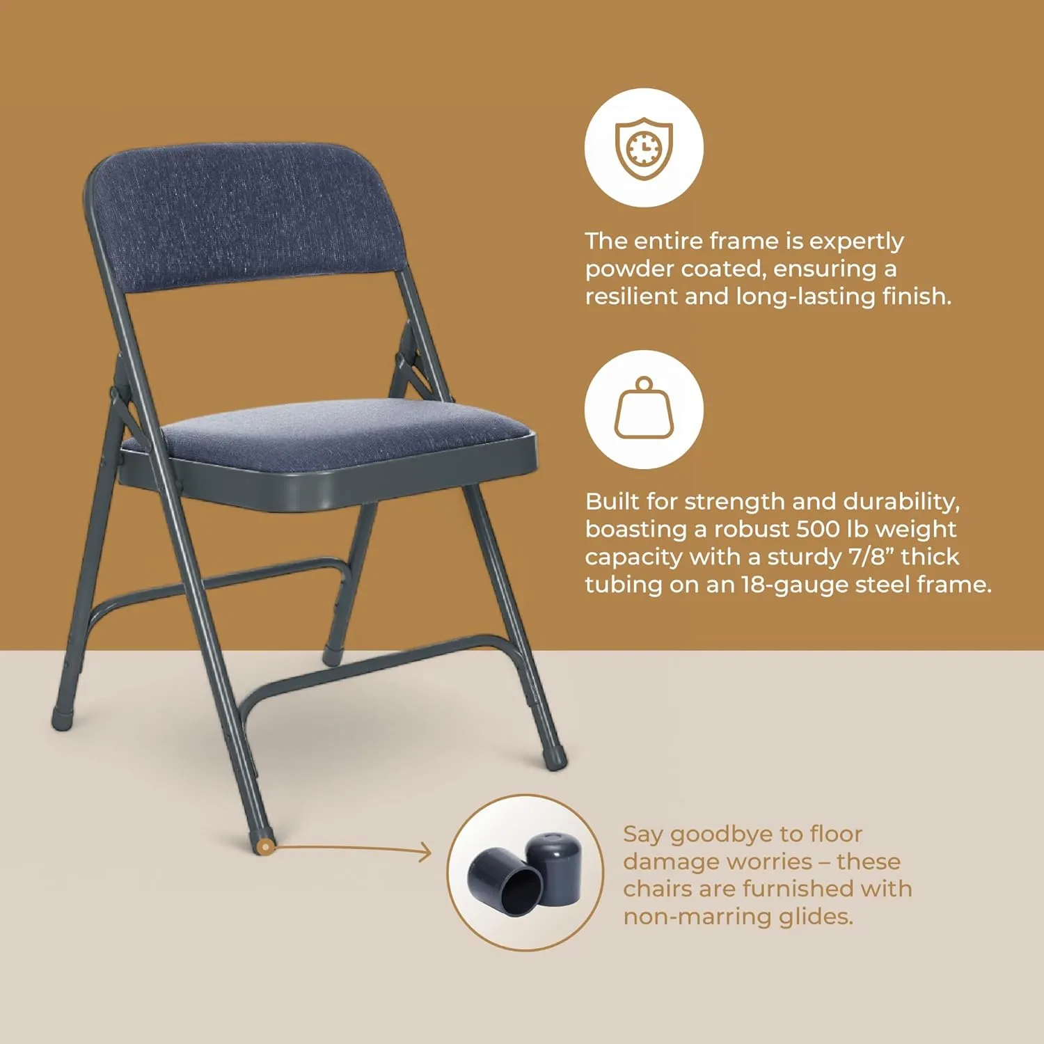 OEF Furnishings Deluxe Fabric Upholstered Folding Chair, Blue/Blue – Reliable Double Hinge Frame with Soft Fabric Padding