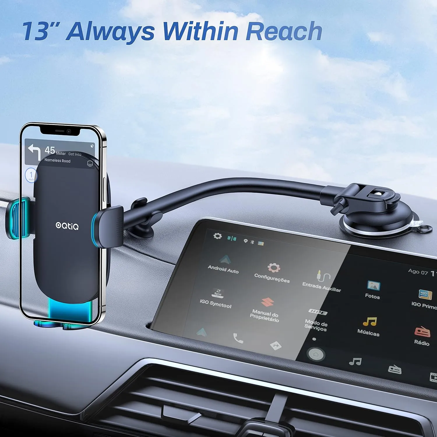 OQTIQ 13" Gooseneck Car Phone Mount – Windshield & Dashboard Holder with Strong Suction Cup, Anti-Shake Stabilizer, One-Button Release – Compatible with iPhone 16/15/14 and All Smartphones