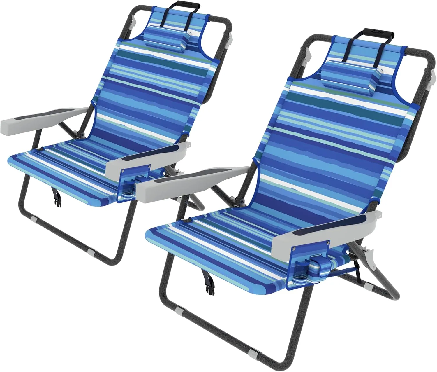 Outdoor Beach Foldable Chaise 2 Pack, Lounge Chair with Detachable Pillow & Pocket, Portable Tanning Chair with 5 Position Adjustable Back for Pool, Beach and Camping, Striped Blue