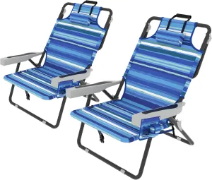 Outdoor Beach Foldable Chaise 2 Pack, Lounge Chair with Detachable Pillow & Pocket, Portable Tanning Chair with 5 Position Adjustable Back for Pool, Beach and Camping, Striped Blue
