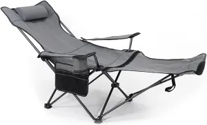 Outdoor Folding Chairs Camping Chairs Office Recliner,with Headrest Side Pocket Carry Bag Detachable Leg Rest,Heavy Duty Supports 280 Lbs,for Beach,Fishing,Picnics,Hiking(Color:Gray)