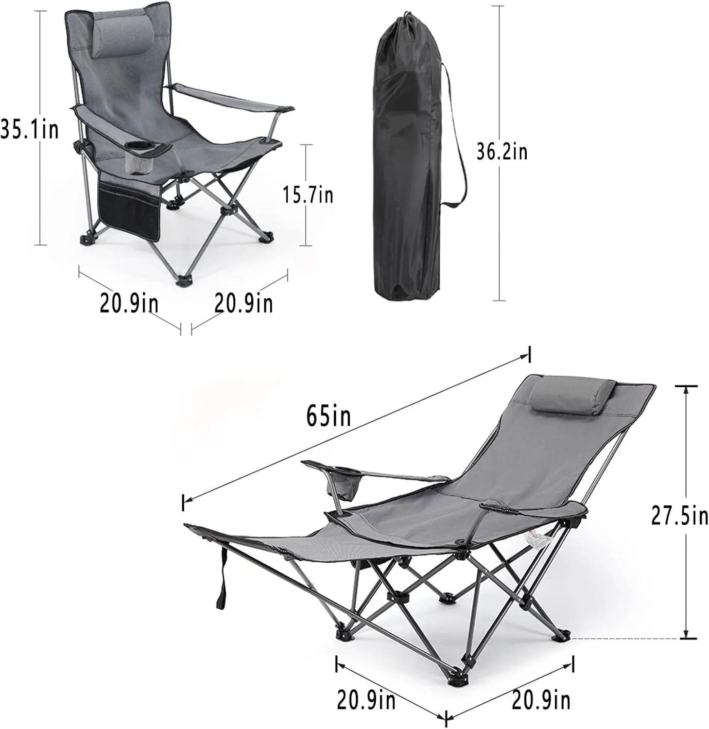 Outdoor Folding Chairs Camping Chairs Office Recliner,with Headrest Side Pocket Carry Bag Detachable Leg Rest,Heavy Duty Supports 280 Lbs,for Beach,Fishing,Picnics,Hiking(Color:Gray)