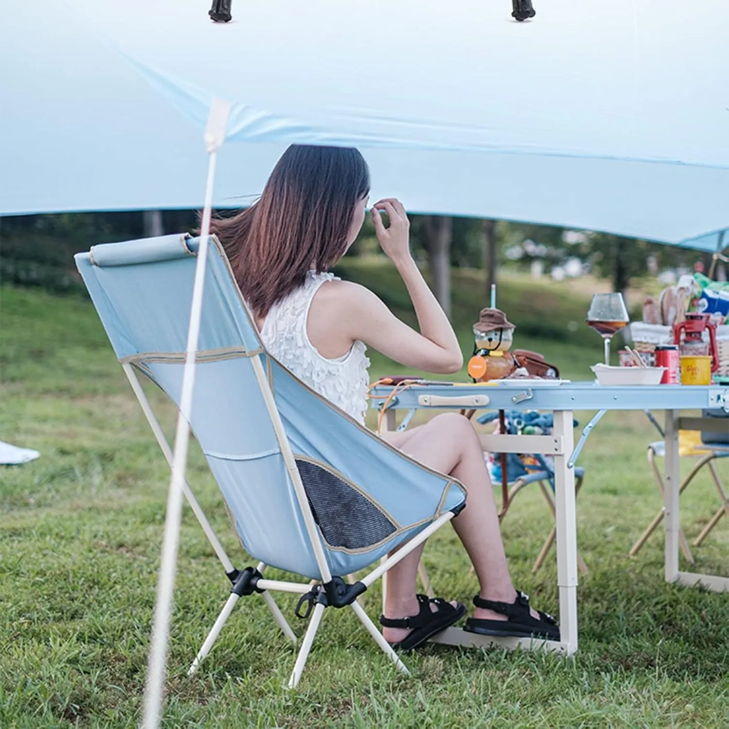 Outdoor Folding Moon air, Recliner with Backrest, Ultra- Light Bea air, with Storage Bag (Color : Mengbao Blue)