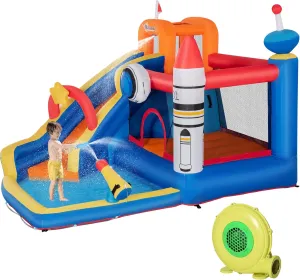 Outsunny 5-in-1 Kids Bounce House Inflatable Water Slide with Pool, Water Cannon, Climbing Wall, Inflator Included, Jumping Castle Kids Backyard Activity Outdoor Water Play Toy