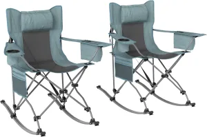 Outsunny Folding Rocking Camping Chairs for Adults, Portable Outdoor Rocking Chairs with Headrest, Cooler Bag, Cup Holder, Carry Bag for Picnic Outside and Outdoor Travel, 2 Pack, Gray