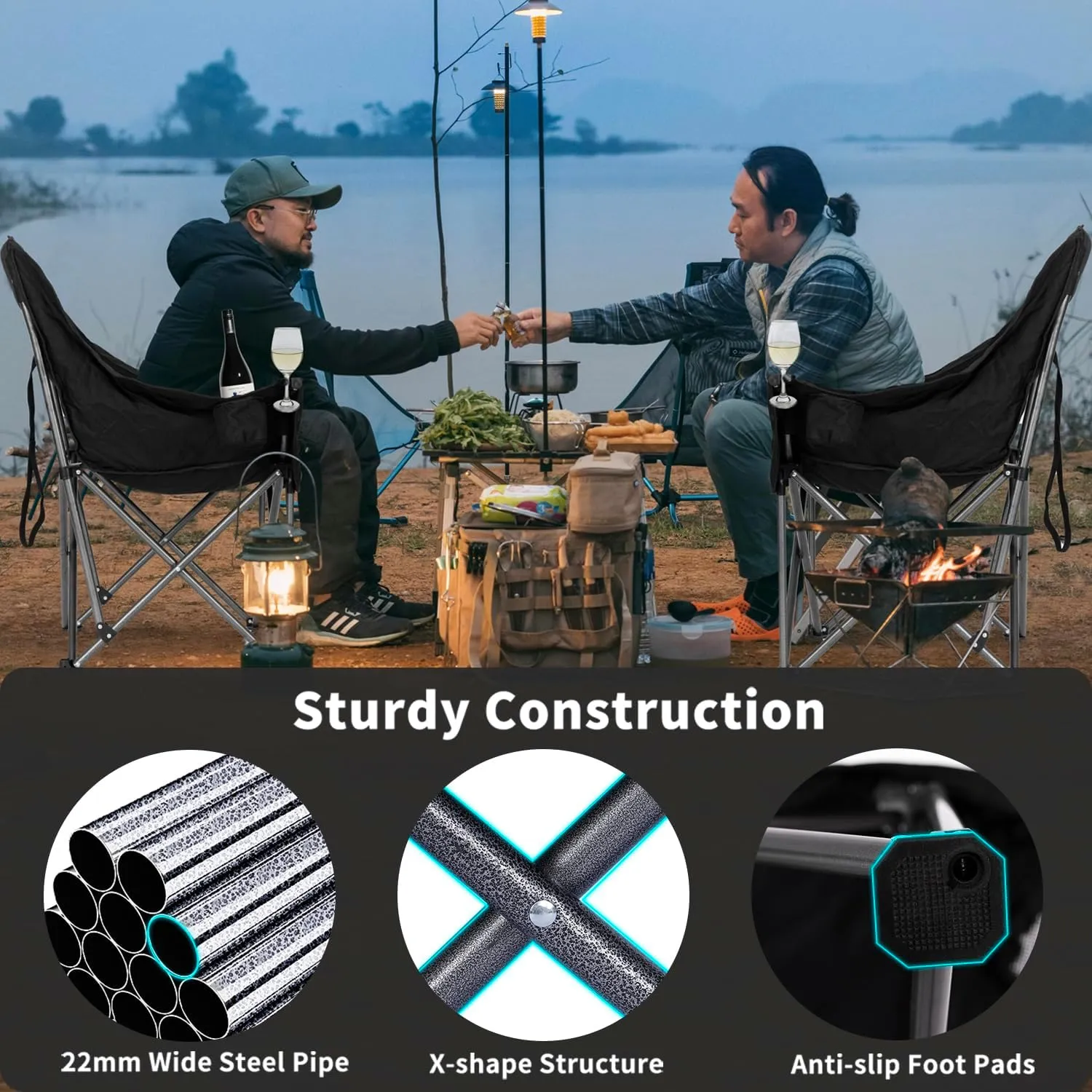 Oversized XL Camping Chairs for Adults Heavy Duty Support 500 lbs Outdoor Folding Chairs Padded Portable Lawn Chairs Camp Chairs with Cup Holder