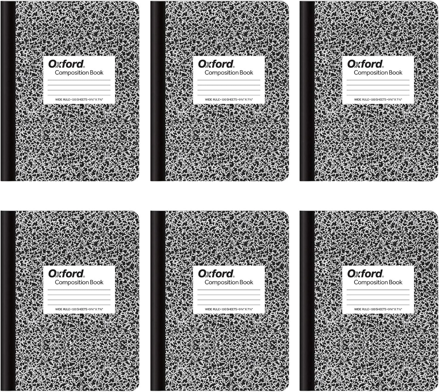 Oxford Composition Notebooks, School Supplies, Notebooks for School, Writing Journal, Wide Ruled Paper, 9-3/4 x 7-1/2 Inches, 100 Sheets, Black, 6 Pack (63764)