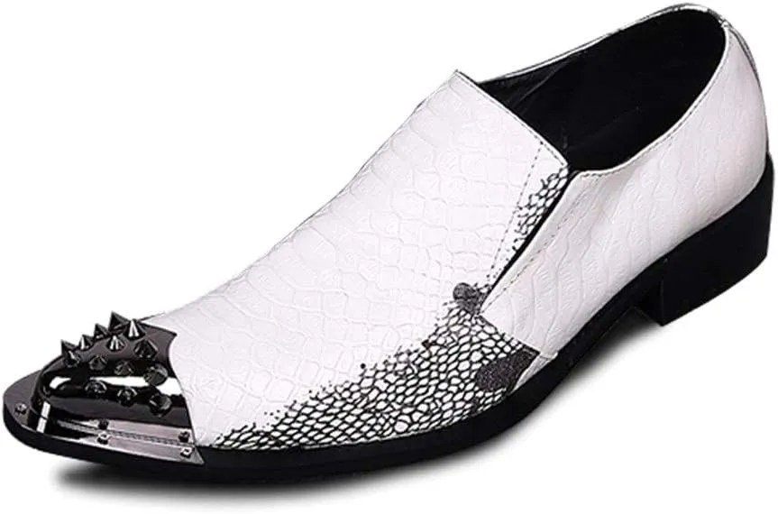 Oxford for Men Formal Shoes Slip On StyleGenuine Leather Embossed Low Top Metal Pointed Toe Middle Heel Retro Breathable