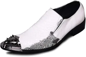 Oxford for Men Formal Shoes Slip On StyleGenuine Leather Embossed Low Top Metal Pointed Toe Middle Heel Retro Breathable