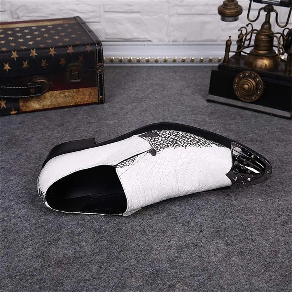 Oxford for Men Formal Shoes Slip On StyleGenuine Leather Embossed Low Top Metal Pointed Toe Middle Heel Retro Breathable