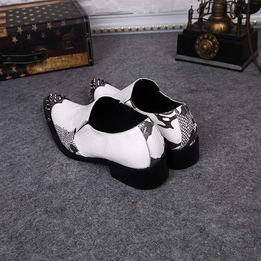 Oxford for Men Formal Shoes Slip On StyleGenuine Leather Embossed Low Top Metal Pointed Toe Middle Heel Retro Breathable