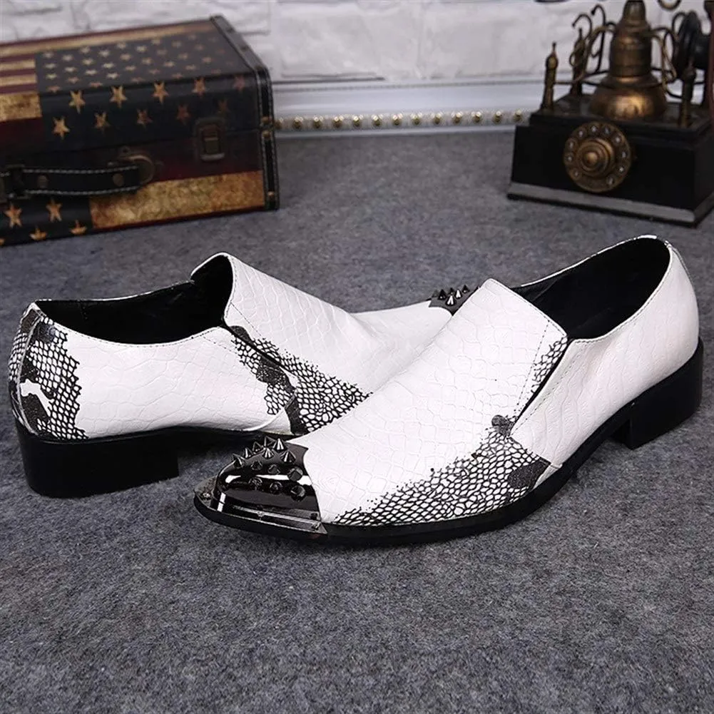 Oxford for Men Formal Shoes Slip On StyleGenuine Leather Embossed Low Top Metal Pointed Toe Middle Heel Retro Breathable