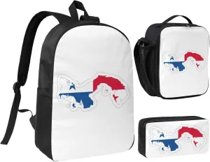 Panama Flag Map print 3PCS Backpack for Men Women Aesthetic 17 Inches Bookbag with Lunch Box Pencil Bag