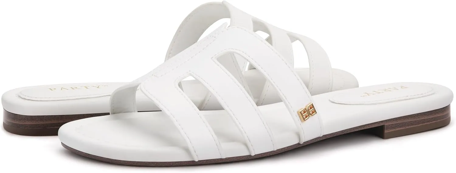 PARTY Women's Slide Sandals - Summer Open Toe H-Band Flat Sandal for Women, Slip On Casual Dressy Beach Ladies Sandal