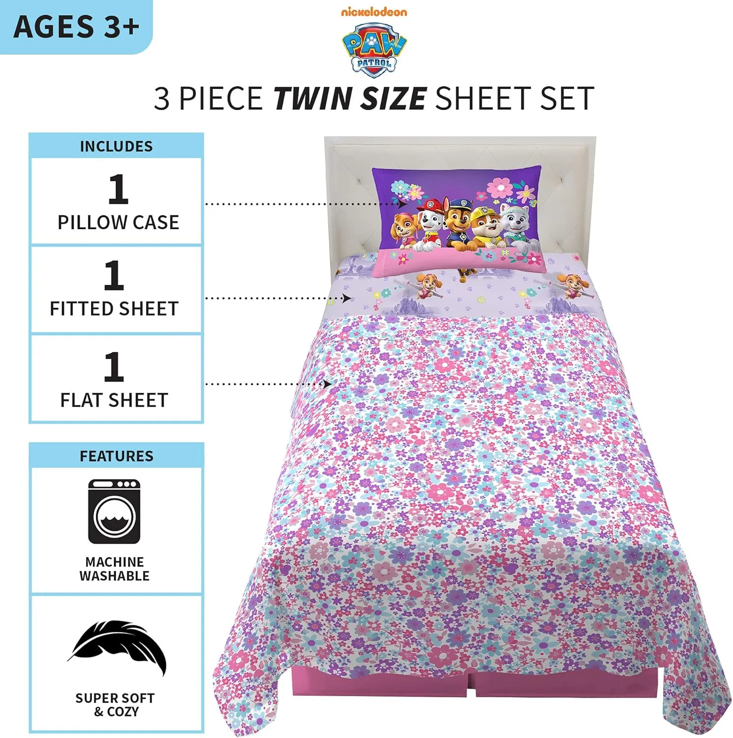 Paw Patrol Girls Kids Bedding Super Soft Microfiber Sheet Set, Twin, (Official) Nickelodeon Product By Franco