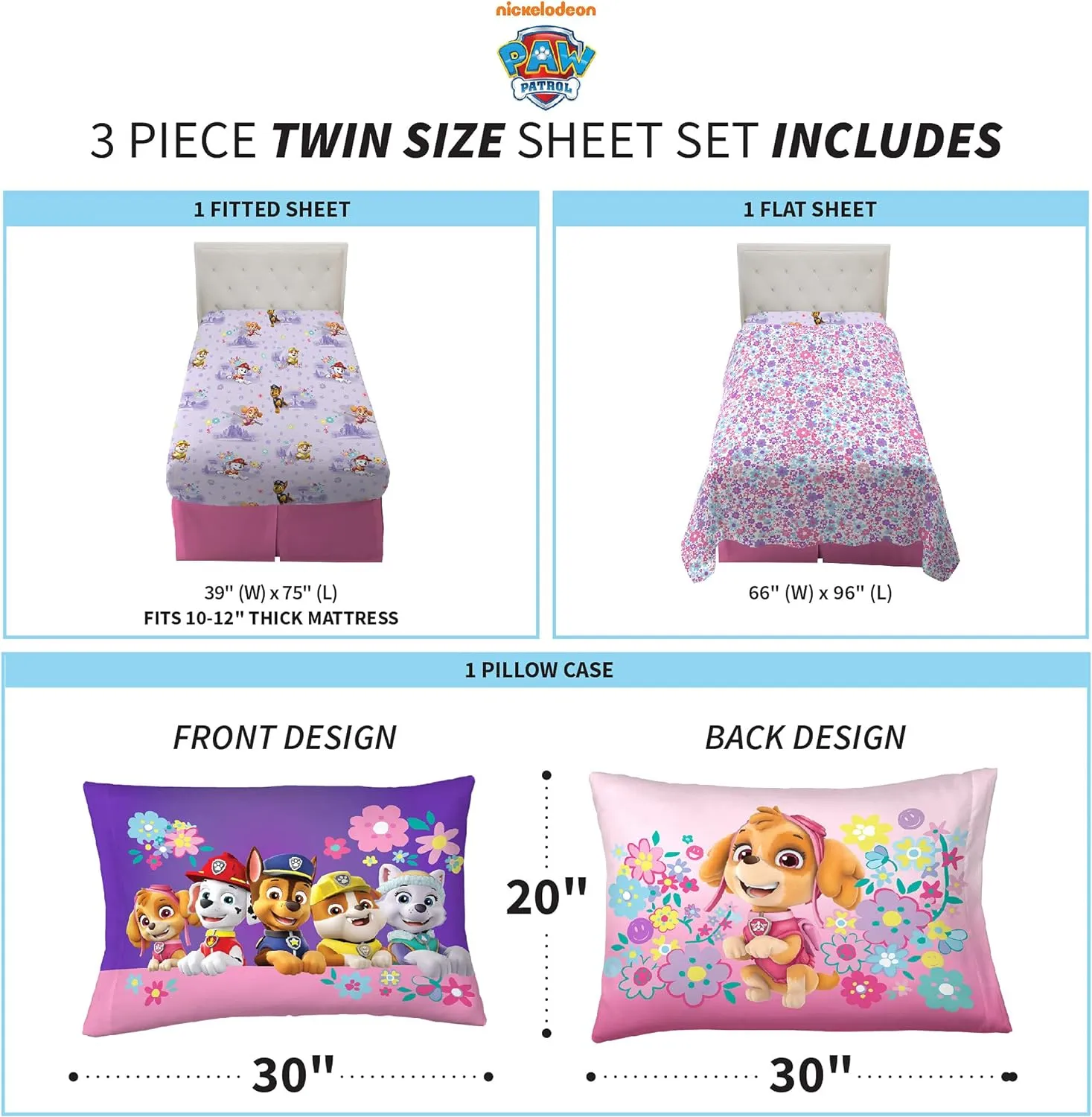 Paw Patrol Girls Kids Bedding Super Soft Microfiber Sheet Set, Twin, (Official) Nickelodeon Product By Franco