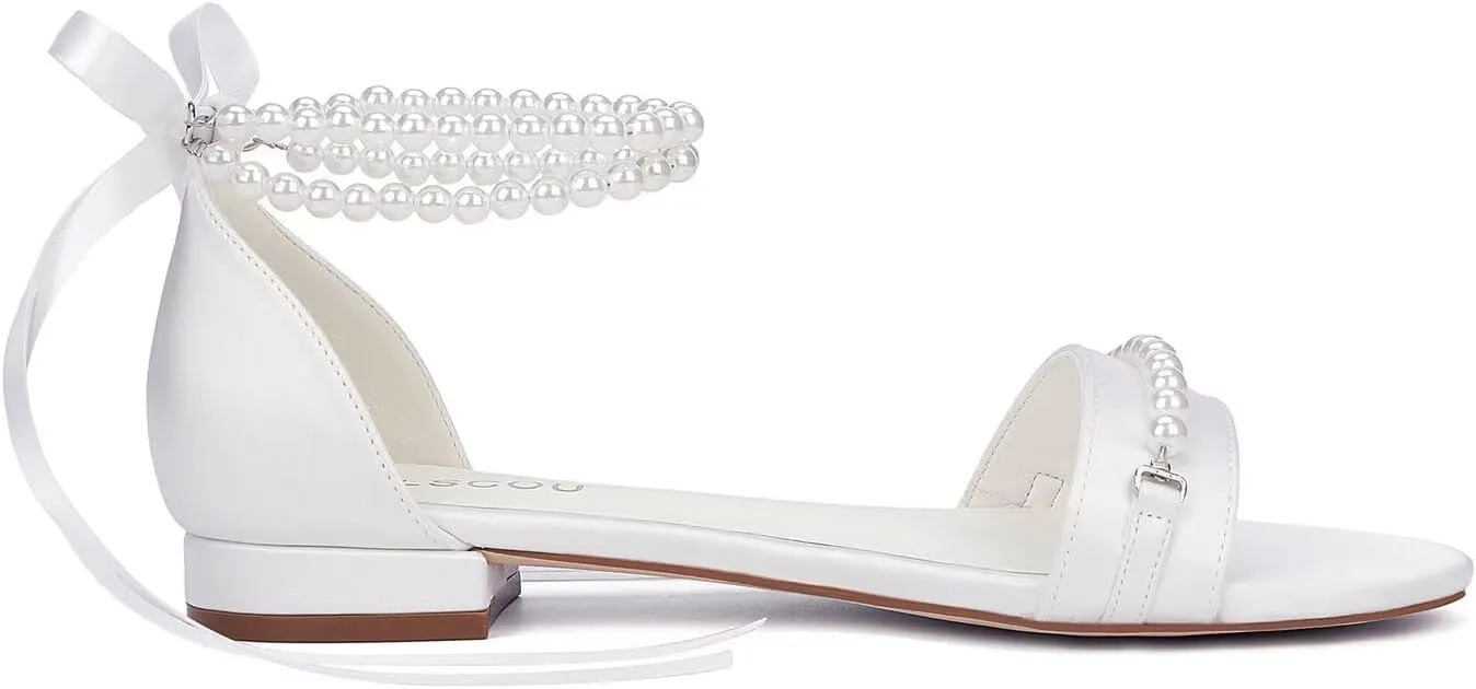 Pearl Sandals Flat Wedding Shoes for Bride Open Toe Wedding Flats Bridal Shoes