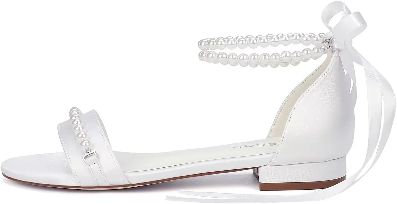 Pearl Sandals Flat Wedding Shoes for Bride Open Toe Wedding Flats Bridal Shoes
