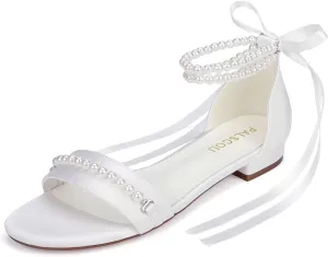 Pearl Sandals Flat Wedding Shoes for Bride Open Toe Wedding Flats Bridal Shoes