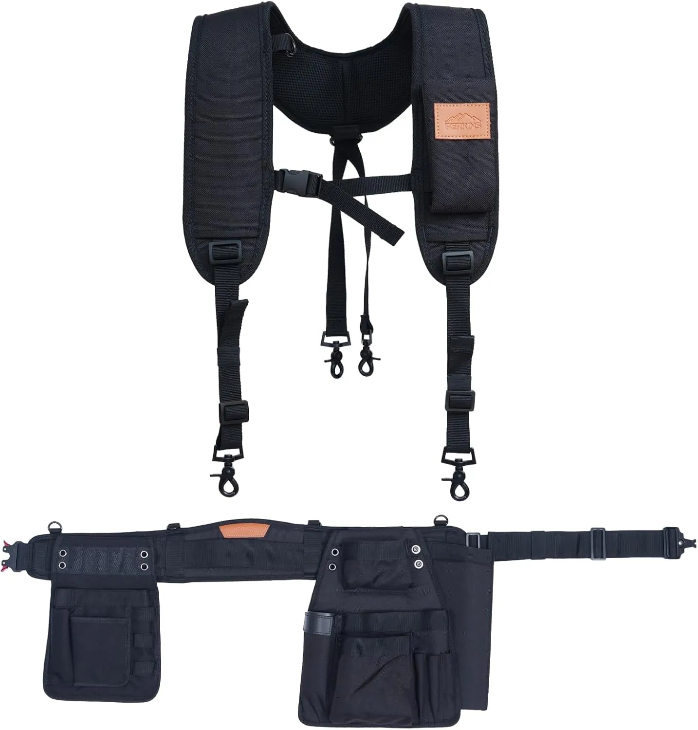 Perkins Builder Brothers Essential Tool Belt Set With Suspenders, Ideal for Framers, Carpenters and Contractors, Large Size, Black