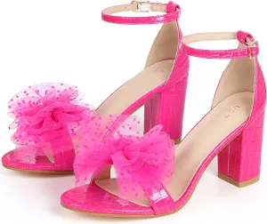 Perphy Ankle Strap Stone Printed Chunky Heel Bow Sandals for Women