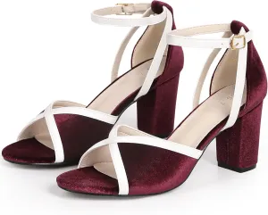 Perphy Open Toe Ankle Strap Chunky Heel Velvet Sandals for Women