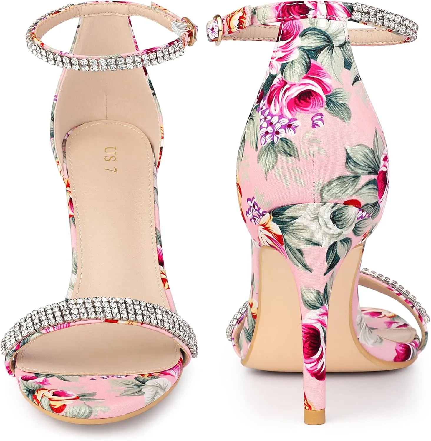 Perphy Rhinestone Strap Floral Print Stiletto Heels Sandals for Women